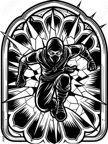 SVG skull tattoo design in a gothic, dark style. Dynamic Ninja Character in Action with Intricate Stained Glass Design