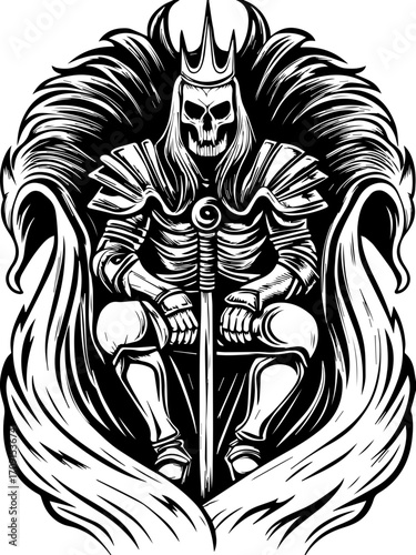 SVG skull tattoo design in a gothic, dark style. Dark Skull King Sitting on Throne with Feathered Background Design
