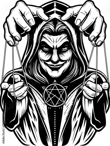SVG skull tattoo design in a gothic, dark style. Mysterious Puppeteer with Dark Cloak and Intricate Symbol Design
