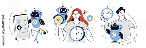 Time management set. Characters using artificial intelligence generative tools to manage, prioritize, delegate tasks and schedule. Business and organization concept. Vector illustration. 