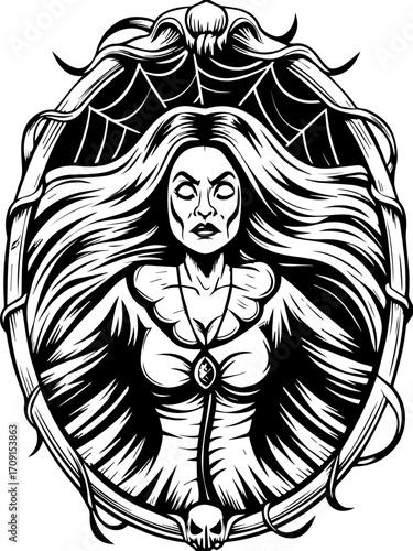 SVG skull tattoo design in a gothic, dark style. Dark and Mysterious Woman in an Ornate Mirror with Spider Webs