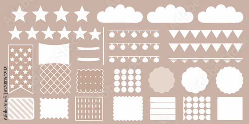 Collection of White Decorative Elements on Beige Background Keywords: stars, clouds, banners