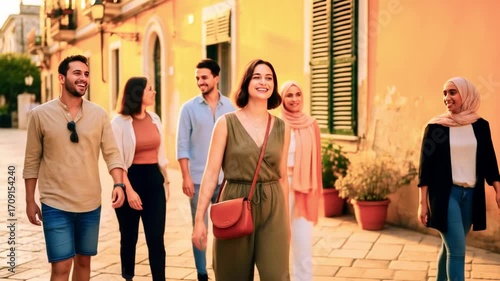 Group of friends walking together in a vibrant street, enjoying a sunny day in a lively neighborhood