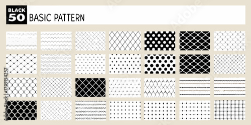 Fifty black and white basic geometric patterns background