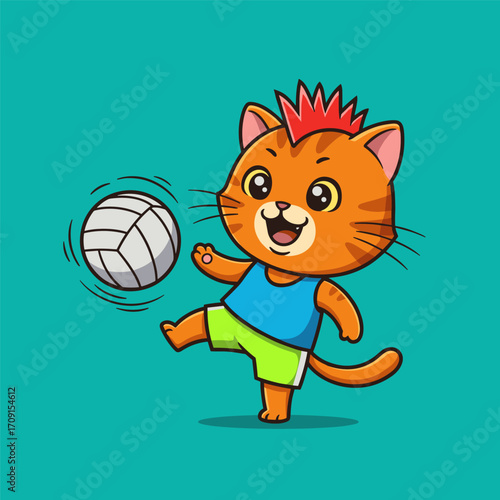 A cheerful orange cat with spiky red hair plays volleyball mid-air, dressed in a blue tank top and green shorts, set against a solid teal background.