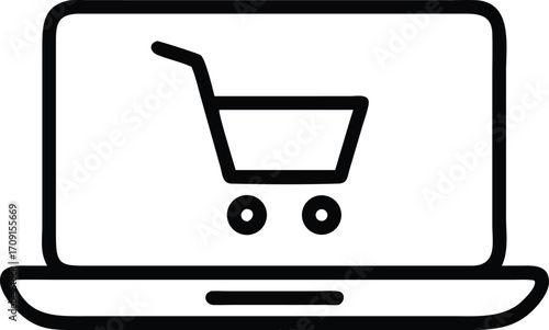 Modern outline laptop displaying online shopping cart icon symbolizing e-commerce and digital business