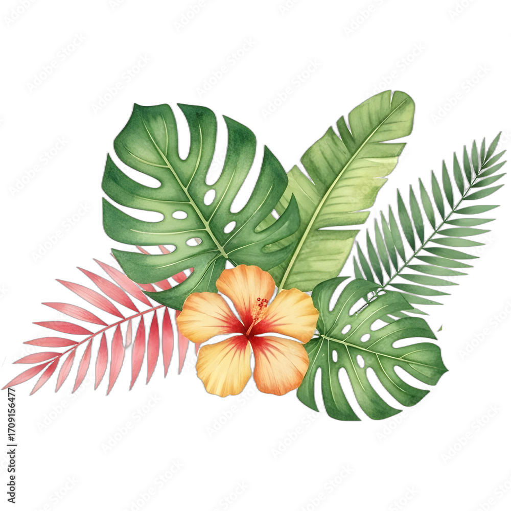 Naklejka premium Tropical floral arrangement with hibiscus flower and lush green leaves.