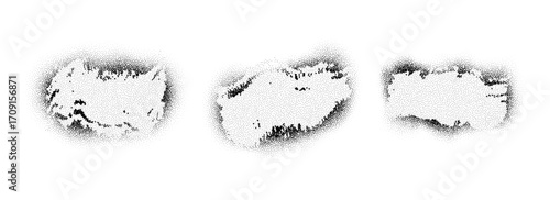 Black stippled paint brush shape set. Dotted aerosol particles and grainy banner collection.Grunge dusty sand texture frame and border pack. Rough noise stencil stains and spots bundle. Vector