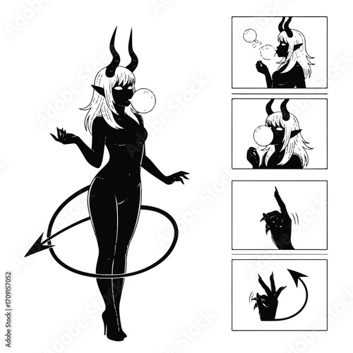 A stylized illustration of a succubus blowing a bubble, with four smaller panels showing details of her actions.