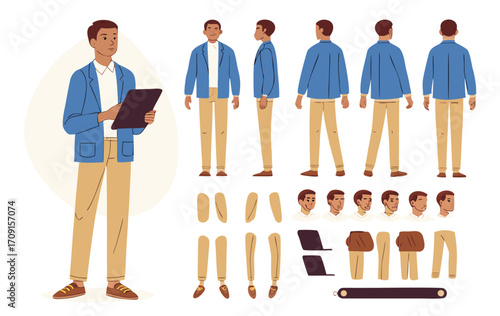 Fashionable business man holding tablet. Character constructor for animation. Front, side and back view set. Body parts, postures, poses collection. Vector illustration.