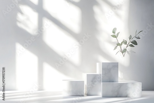 Marble Product Display Podium with Plant, Natural Light and Shadow on White Wall