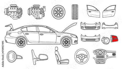 Black Line Car Icons – Vehicle and Parts Vector Set, Automotive Silhouette Symbols