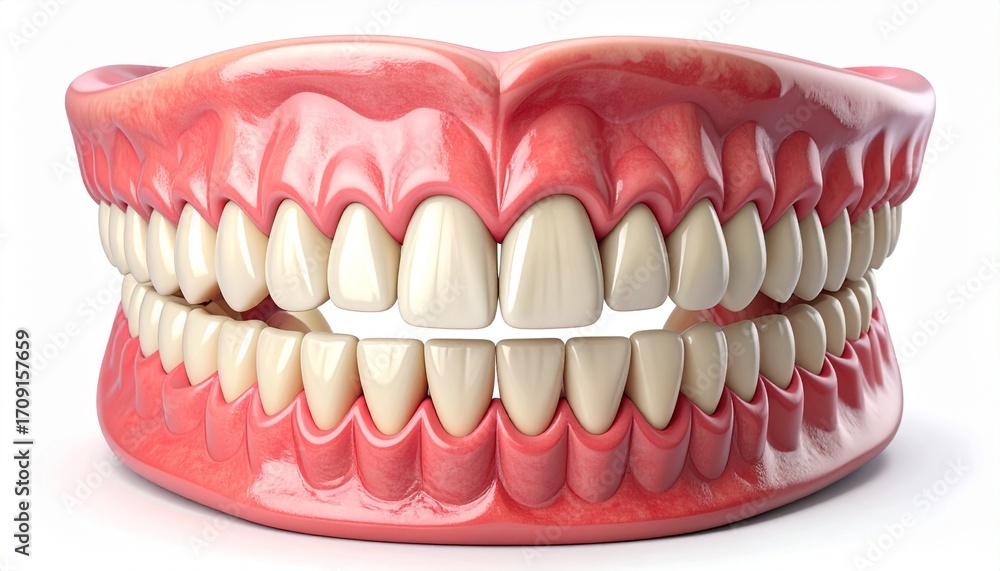Obraz premium A detailed 3D medical illustration of a complete set of human dentures showing realistic gums and teeth