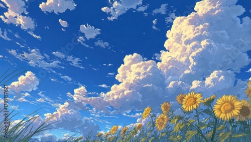 Sunflowers and fluffy clouds in a vibrant sky