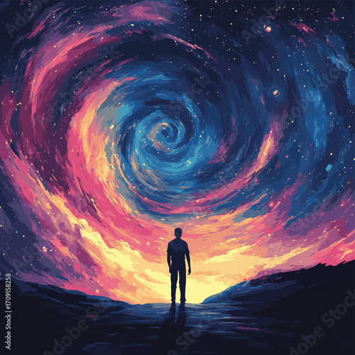A lone figure gazes at a breathtaking cosmic swirl. , vector style simple color