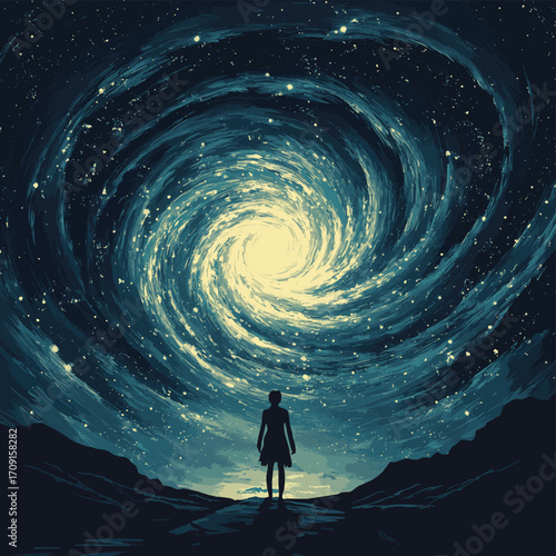 A lone figure gazes at a breathtaking cosmic swirl. , vector style simple color