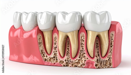 Anatomical 3D illustration of human teeth showing advanced periodontitis and alveolar bone loss