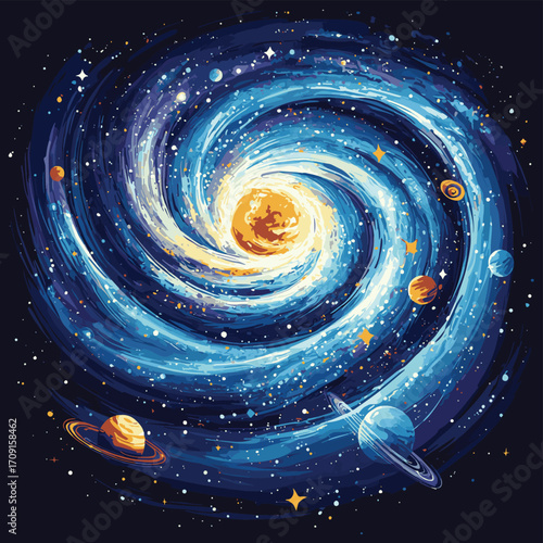 A swirling galaxy with planets and stars in a cosmic scene , vector style simple color