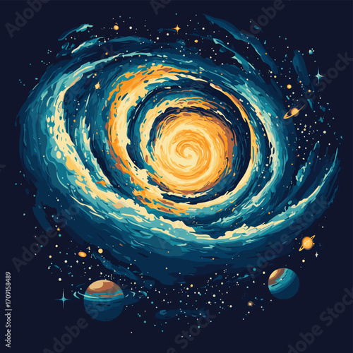 A swirling galaxy with planets and stars in a cosmic scene , vector style simple color