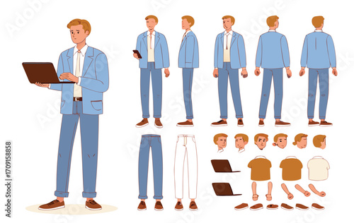 Business man holding laptop. Character constructor for animation. Front, side and back view set. Body parts, postures, poses collection. Vector illustration.