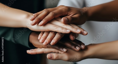 Wallpaper Mural Close-up shot of diverse hands layered together, symbolizing unity and collaboration, in a dark, muted color palette against a blurred background conveying a supportive and Torontodigital.ca