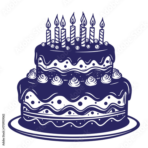 Two tier birthday cake with burning candles isolated on white background vector illustration