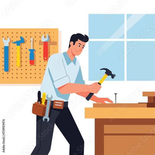 A smiling craftsman using a hammer to nail wood in his workshop, flat-illustration style, conveying a focused and productive mood, against a light background.