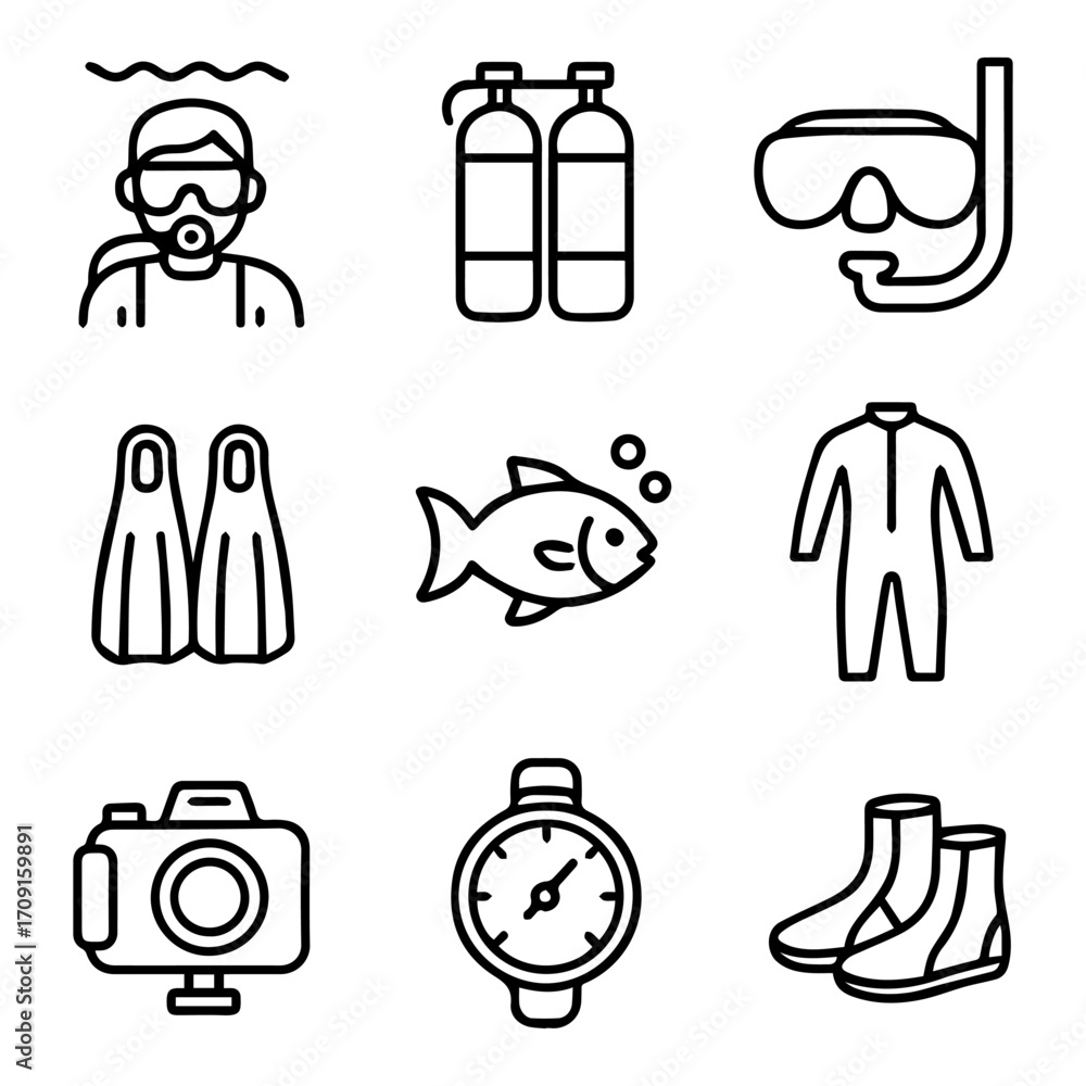 Fototapeta premium Essential Diving Equipment Collection in Outline Style.