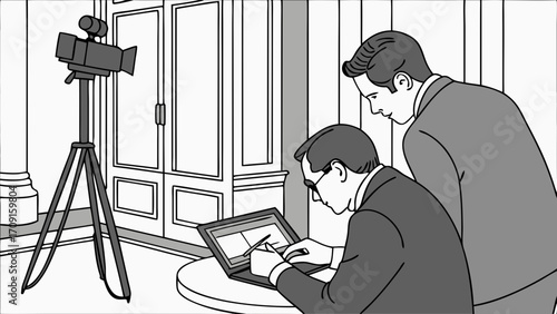 Two businesspeople reviewing footage on a tablet with a video camera on a tripod in the background.