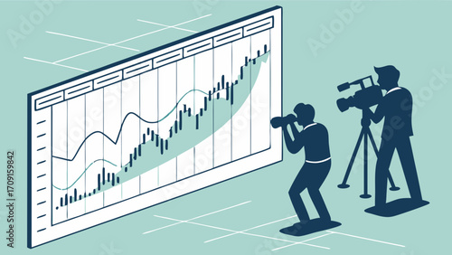 Two cameramen filming a large graph showing market growth business news concept illustration.