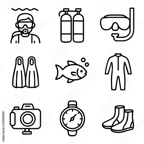 Essential Diving Equipment Collection in Outline Style.