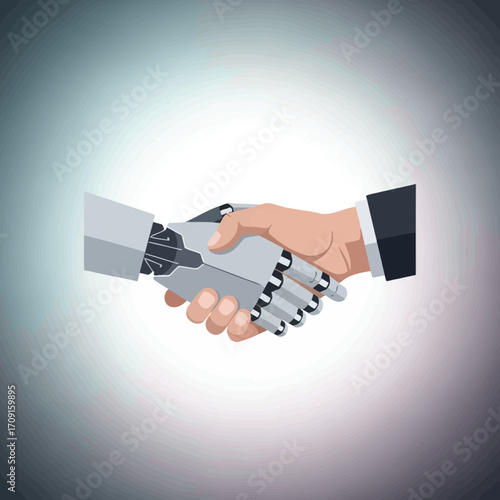 Close-up flat lay image of a human hand shaking a robotic hand, symbolizing collaboration between human and AI, against a neutral gray background, conveying a futuristic and