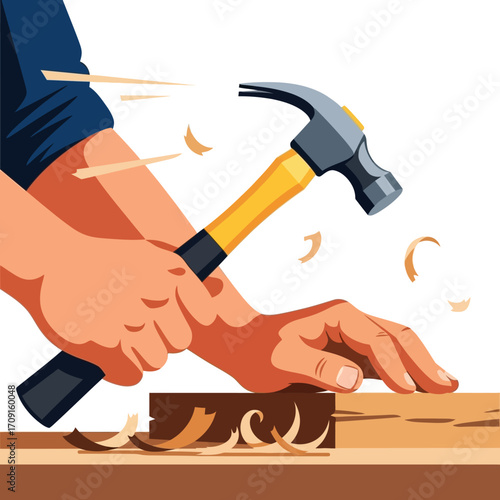 Close-up view of hands hammering wood, creating wood shavings against a white background; flat lay illustration with a focused, detailed style and warm color palette showing