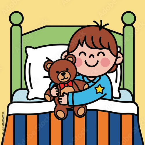 Happy boy cuddling teddy bear in bed, illustrated flat style, warm color palette, close-up view against a yellow background, conveying a peaceful bedtime mood.