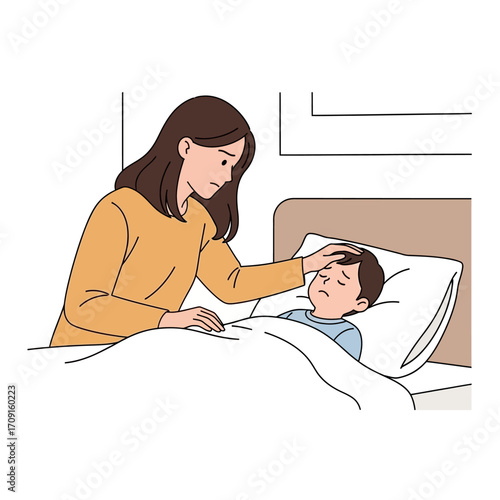 Flat-lay illustration of a mother checking her sick son's temperature in bed, showing concern with a calm and gentle mood against a white background.