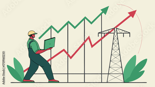 Worker reviewing energy growth chart with pylon illustration.