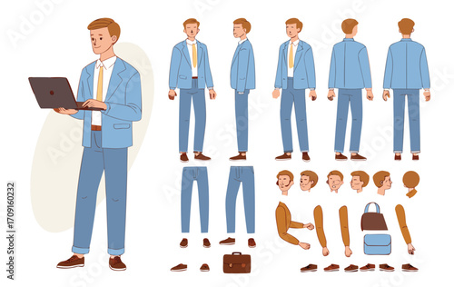 Business man holding laptop. Character constructor for animation. Front, side and back view set. Body parts, postures, poses collection. Vector illustration.