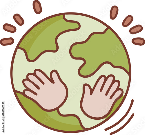 Tiny hand-drawn globe variants (spring, summer, autumn, winter) each with blue-green gradient and neon accents, little hands or people hugging — clean flat style, metallic outline.