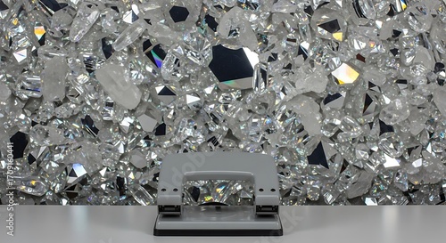 Gray hole puncher with background of many shiny crystals and gemstones