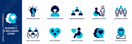 Diversity and Inclusion Blue Colored Outline Icon Set