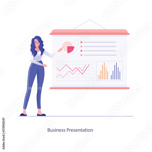 Vector elements of the office environment A woman giving a “Business Presentation” in front of a whiteboard with charts and graphs
