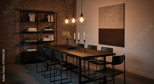 Stylish Dining Room with Long Wooden Table Black Chairs and Warm Lighting.