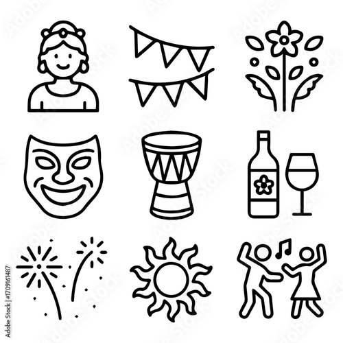 Nine Joyful Celebration Icons Woman Bunting Flower Mask Drum Wine Fireworks Sun Dancing Couple.