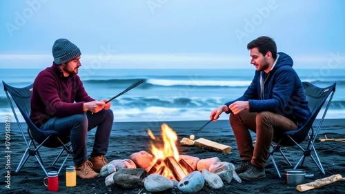 Two men sitting by a campfire on a beach, engaging in conversation as waves crash in the background