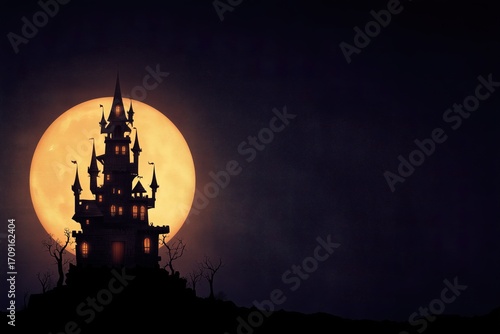 Spooky castle silhouette against full moon on dark night