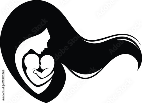 Mother with twins silhouette, mom hugging two babies, family love, parenthood bond, maternal care, nurturing affection, motherhood art, vector illustration
