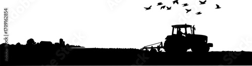 Silhouette of a tractor with a plow in a field with birds flying overhead on a white background view editable eps vectors
