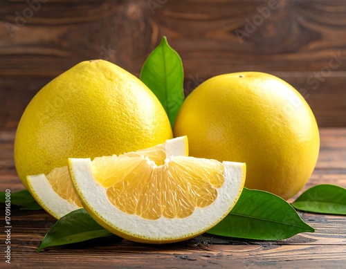 Fresh pomelos on a wooden surface