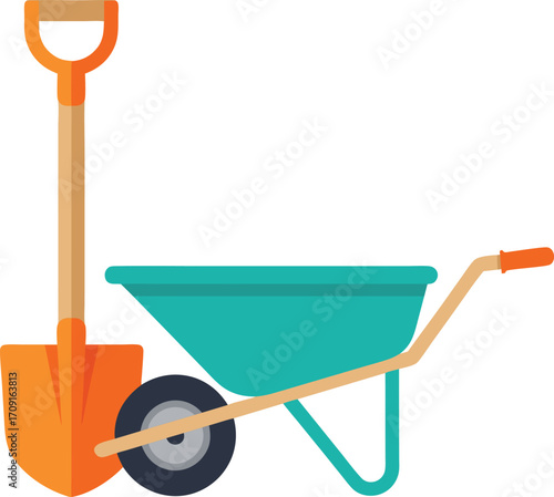 Gardening Wheelbarrow and Shovel with Wooden Handle, Essential Garden Tools for Landscaping, Outdoor Work, Farming Equipment, and Yard Maintenance Design