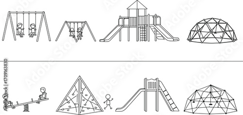 Playground equipment line icons, children playing on swings, slides, climbing structures, seesaw, outdoor park activities, kids fun vector illustration